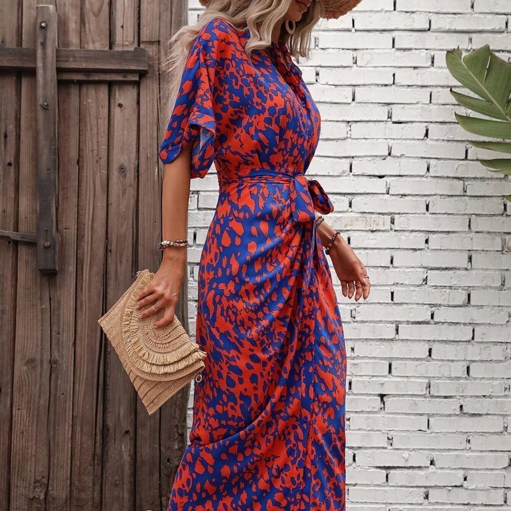 Multicolor Allover Print Batwing Sleeve Belted Shirt Dress chic elegant - Picture 5 of 5